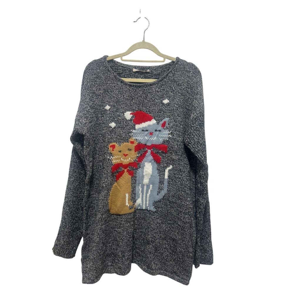 Woman Within Gray Christmas Two Cats Tunic Long Holiday Sweater Size 10